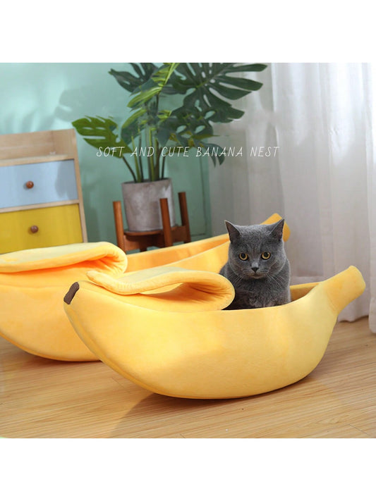 1Pc Yellow Cute Banana-Shaped Cat Bed, Suitable for Small/Medium/Large Cats, Warm & Washable, All-Enclosed, Offers Deep Sleep for Pets All Year Round